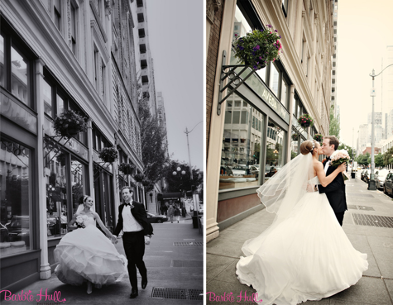 Alexis Hotel, Seattle, Wedding, 2012, Kristen, Jason, Street, Portrait, Bride, Groom, Beautiful, running, 