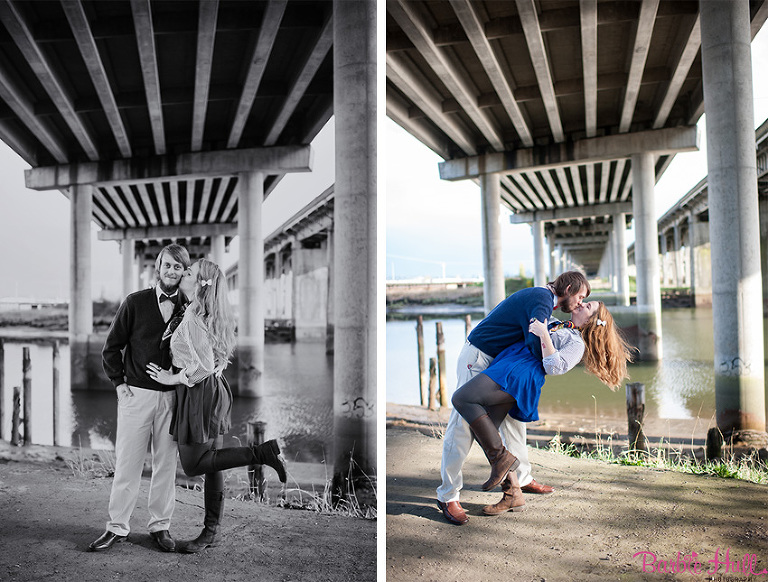 portraits of couple kissing under bridge