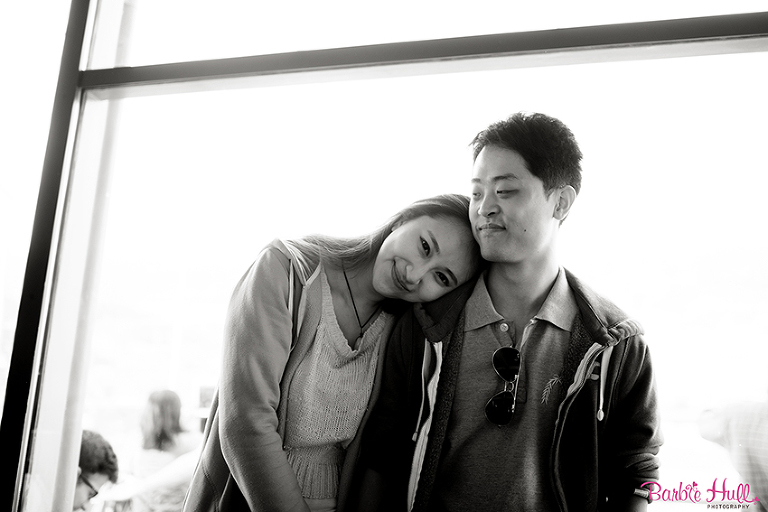 black and white engagement portrait at the Space Needle