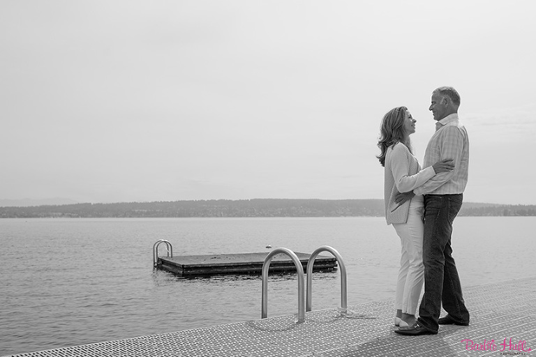 black and white engagement portrait by water in Seattle, WA