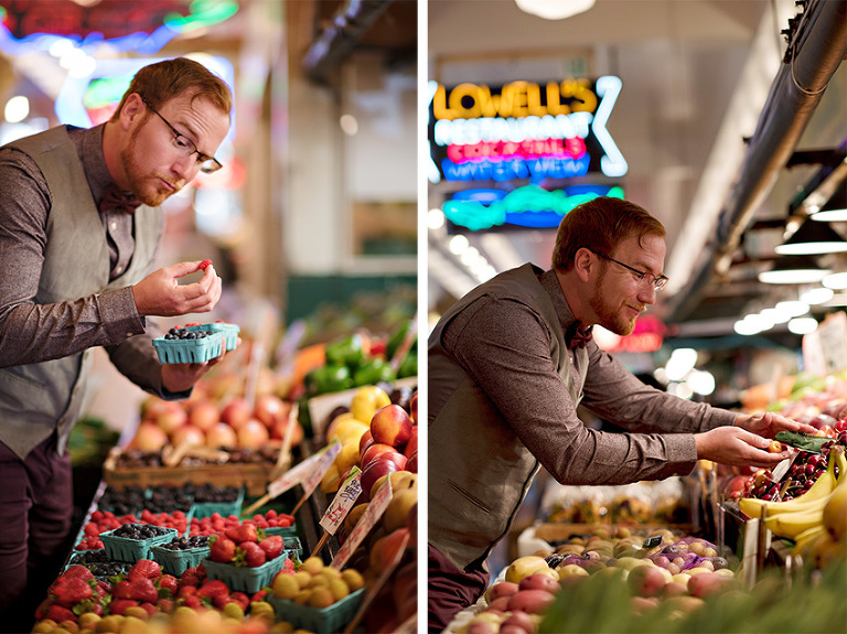 Mark from Hendrick's Gin buying fresh fruit at Pike Place Market in Seattle, WA