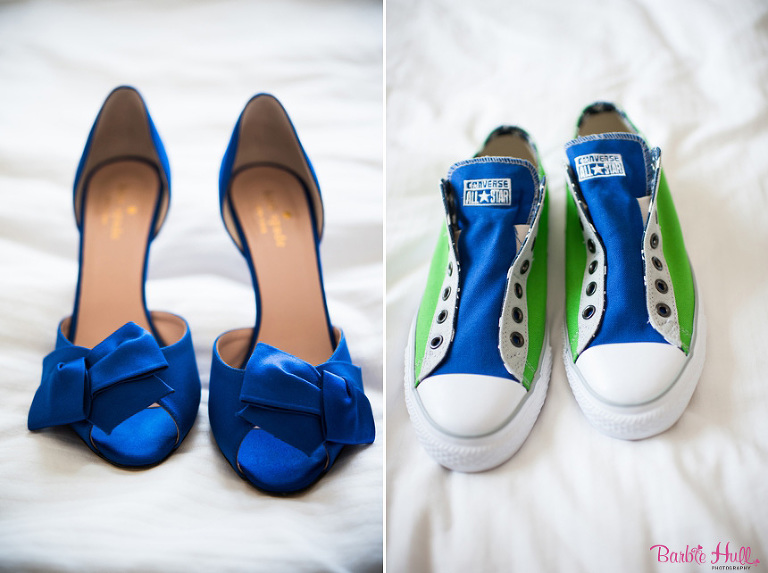 bride and groom's blue and green shoes