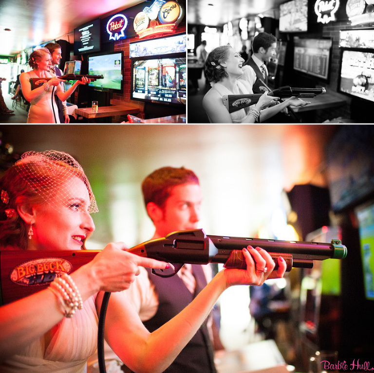bride and groom playing video games
