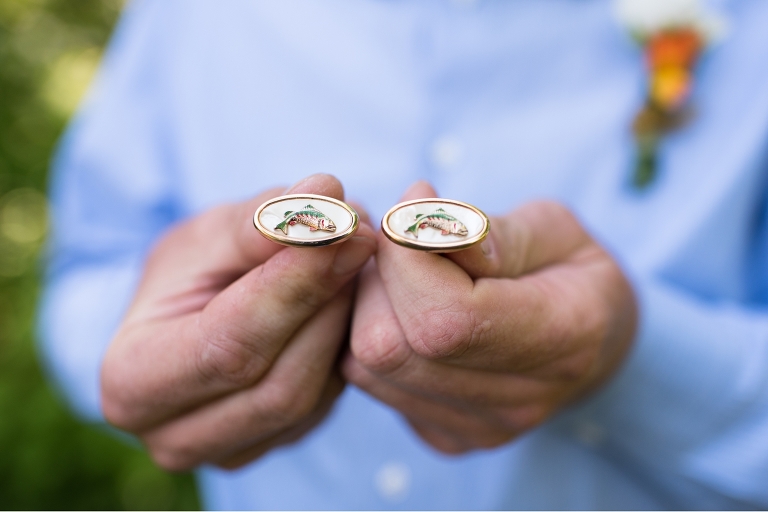 Personalized groom details for the wedding day, these salmon cufflinks were perfect for Eric.