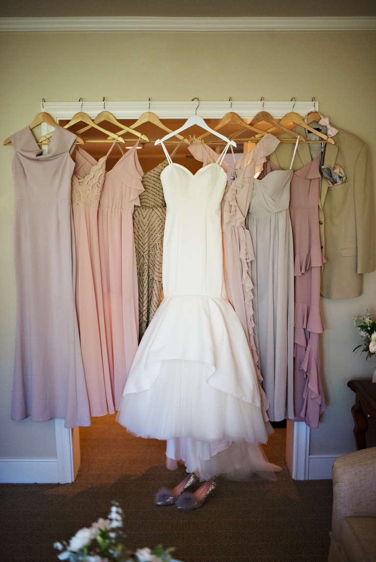 The loveliest arrangement of wedding party attire in blushes, violets and gold from I do Bridal, Nordstrom and BHLDN. 